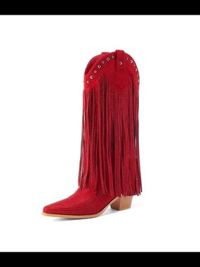 Women's Cowgirl Red Rhinestone Boots Sparkly Fringe Pointed Toe Western Boots